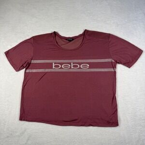 Bebe Sport T-Shirt Womens L Burgundy Excellent Mesh Back Silver Logo Graphic